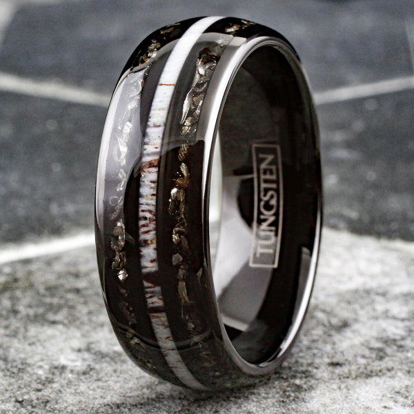 Cool Polished Black Low Dome Tungsten Ring with White Speckled Deer Antler Between Black Faux Meteorite Inlays.