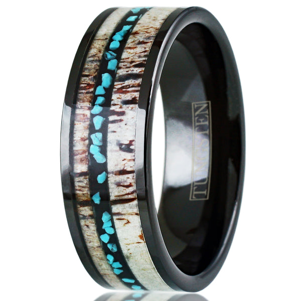 Classic Polished 8mm Black Tungsten Flat Band Ring with Thin Off-Center Crushed Turquoise Between Beautiful Deer Antler Inlays.