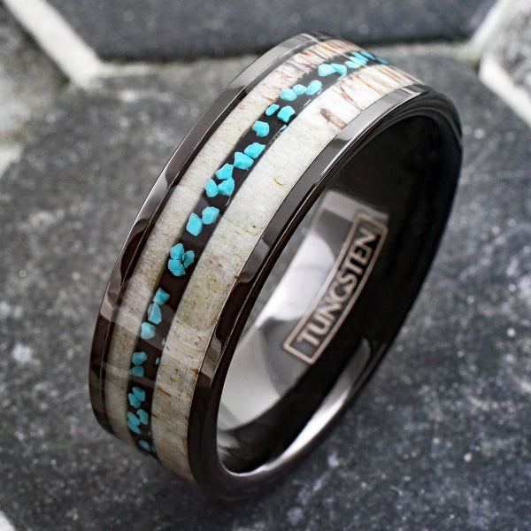 Classic Polished 8mm Black Tungsten Flat Band Ring with Thin Off-Center Crushed Turquoise Between Beautiful Deer Antler Inlays.