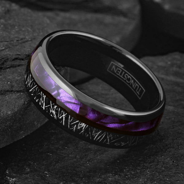Awesome Polished Black Tungsten Low Dome Band Ring Purple Seashell And Black Faux Meteorite Inlays.