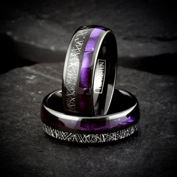 Awesome Polished Black Tungsten Low Dome Band Ring Purple Seashell And Black Faux Meteorite Inlays.