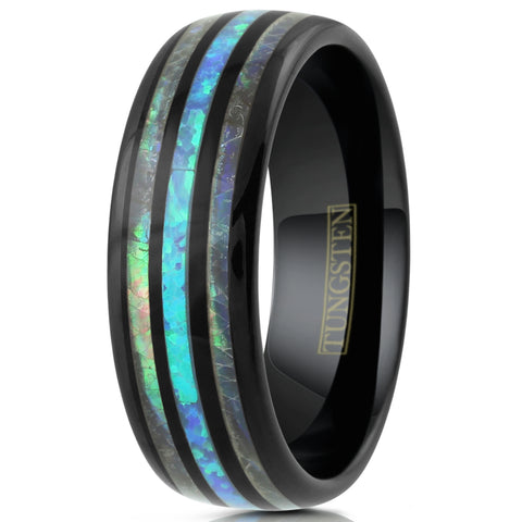 Dazzling Polished Black Tungsten Low Dome Ring w/ Man-Made Hawaii Blue Opal Inlay between Two Abalone Inlays.