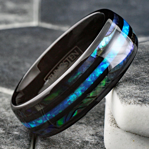 Dazzling Polished Black Tungsten Low Dome Ring w/ Man-Made Hawaii Blue Opal Inlay between Two Abalone Inlays.