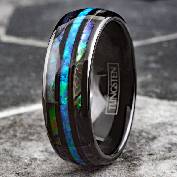 Dazzling Polished Black Tungsten Low Dome Ring w/ Man-Made Hawaii Blue Opal Inlay between Two Abalone Inlays.