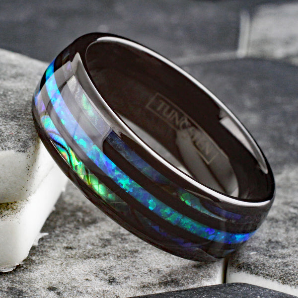 Dazzling Polished Black Tungsten Low Dome Ring w/ Man-Made Hawaii Blue Opal Inlay between Two Abalone Inlays.
