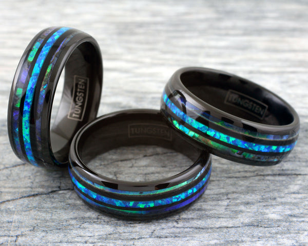 Dazzling Polished Black Tungsten Low Dome Ring w/ Man-Made Hawaii Blue Opal Inlay between Two Abalone Inlays.