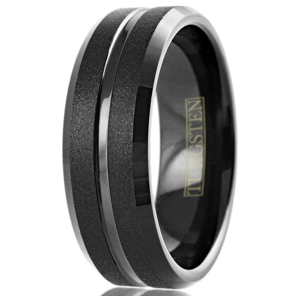Brilliant Polished Black Tungsten Ring with Sparkling Sand Blast Outer Band, Recessed Polished Groove, and Beveled Edges.