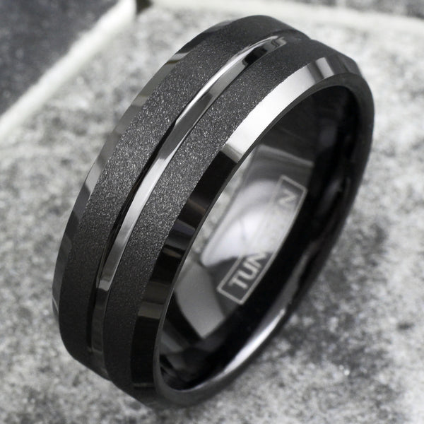 Brilliant Polished Black Tungsten Ring with Sparkling Sand Blast Outer Band, Recessed Polished Groove, and Beveled Edges.
