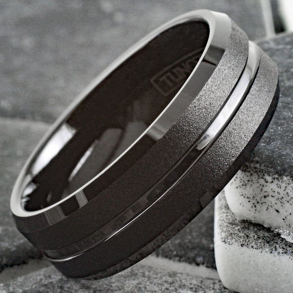 Brilliant Polished Black Tungsten Ring with Sparkling Sand Blast Outer Band, Recessed Polished Groove, and Beveled Edges.