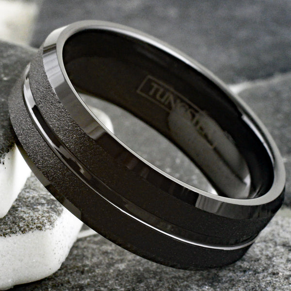 Brilliant Polished Black Tungsten Ring with Sparkling Sand Blast Outer Band, Recessed Polished Groove, and Beveled Edges.