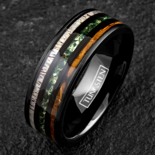 Beautiful Unique Polished Black Tungsten Flat Band Ring with Crushed Moss Agate Between Whiskey Barrel Oak Wood and Deer Antler Inlays.