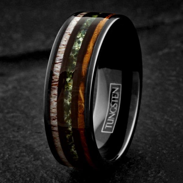 Beautiful Unique Polished Black Tungsten Flat Band Ring with Crushed Moss Agate Between Whiskey Barrel Oak Wood and Deer Antler Inlays.