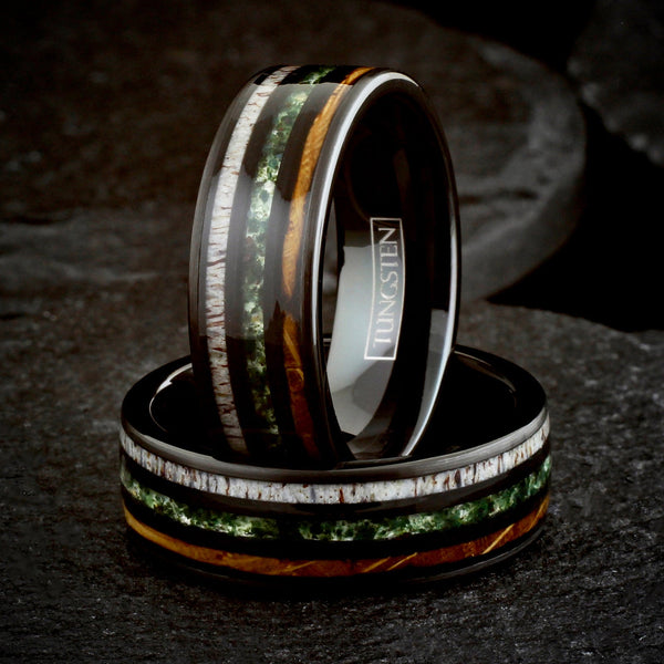 Beautiful Unique Polished Black Tungsten Flat Band Ring with Crushed Moss Agate Between Whiskey Barrel Oak Wood and Deer Antler Inlays.