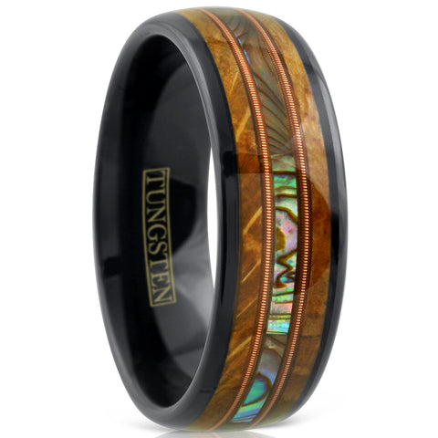 Awesome Polished Black Tungsten Low Dome Ring with Iridescent Abalone Inlay Between Two Cool Genuine Guitar String Surrounded By Whiskey Barrel Oak Wood Inlays.