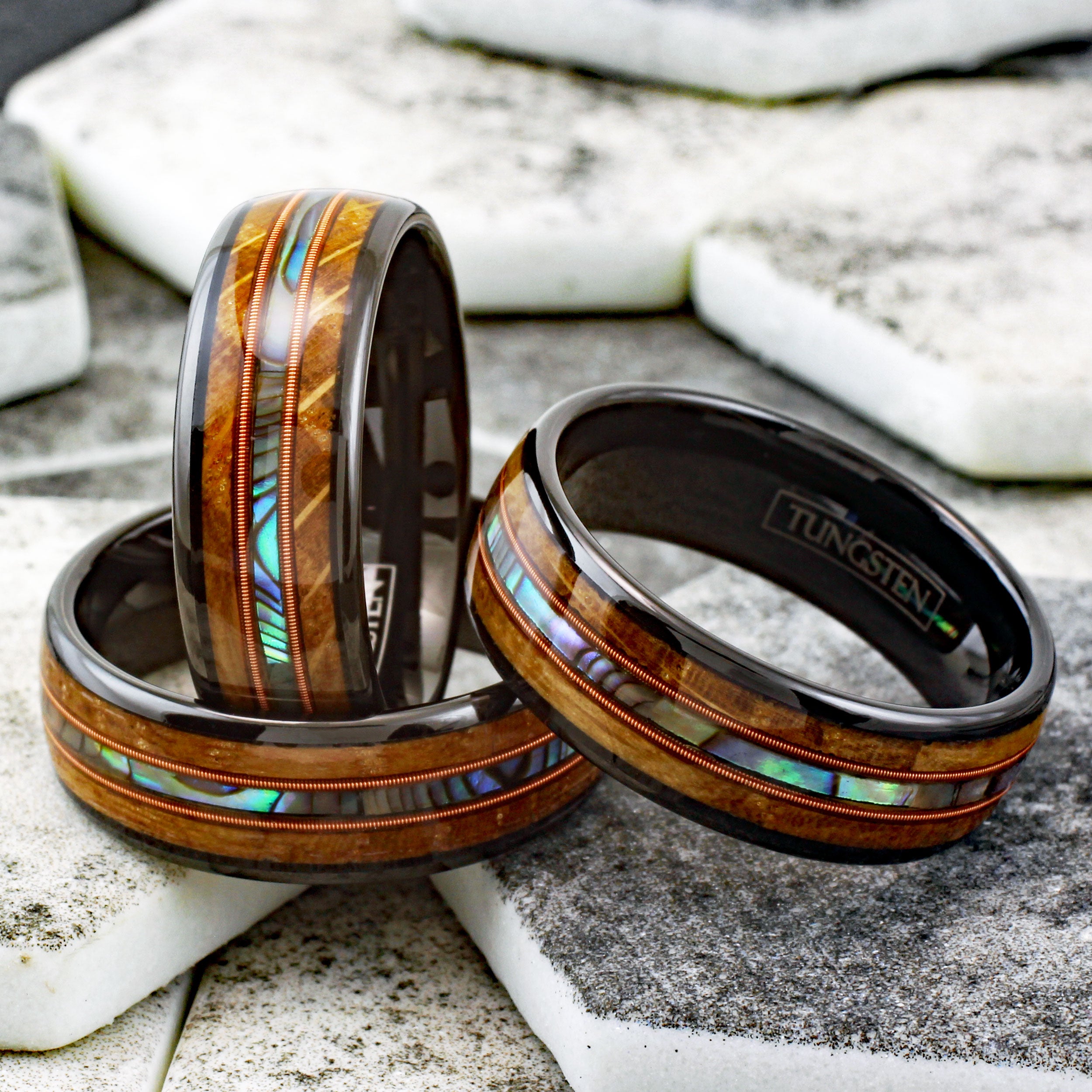 Polished Black Low Dome Tungsten Band Ring w/ Guitar String Abalone. 