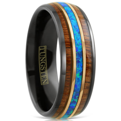 Gorgeous Polished Black Tungsten Low Dome Ring with Iridescent Man-Made Crushed Hawaii Blue Opal Inlay Between Two Rose  Surrounded By Koa Wood Inlays.