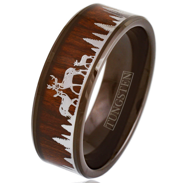 Beautiful Polished Finish Black Flat Band Tungsten Ring With Silver Deer Family In Forest Scene Overlay On Wood Inlay.
