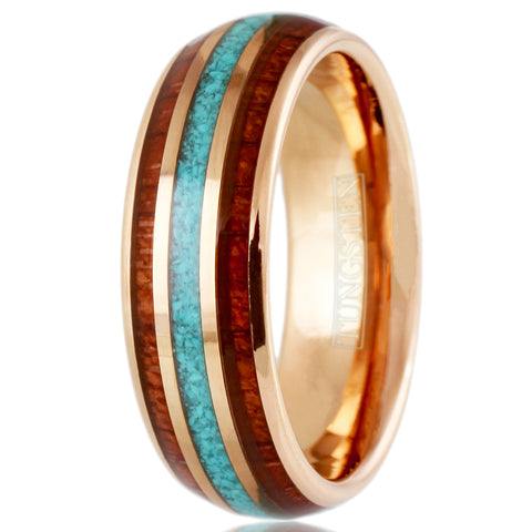 Gleaming Polished Rose Gold Low Dome Tungsten Ring with Crushed Blue Turquoise Inlay Between Koa Wood Inlays.