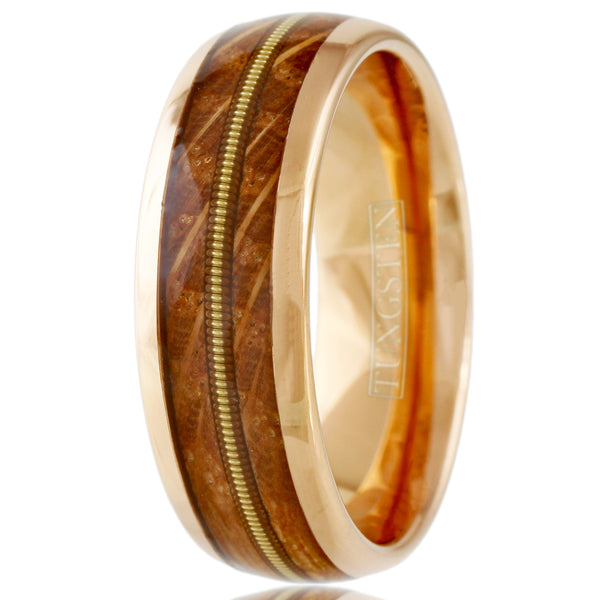 Glorious Polished Rose Gold Tungsten Low Dome Ring with Cool Genuine Guitar String Between Whiskey Barrel Oak Wood Inlays.