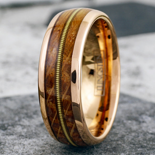 Glorious Polished Rose Gold Tungsten Low Dome Ring with Cool Genuine Guitar String Between Whiskey Barrel Oak Wood Inlays.