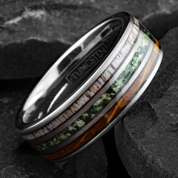 Elegant Unique Polished Silver Tungsten Flat Band Ring with Crushed Moss Agate Between Whiskey Barrel Oak Wood and Deer Antler Inlays.