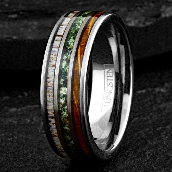 Elegant Unique Polished Silver Tungsten Flat Band Ring with Crushed Moss Agate Between Whiskey Barrel Oak Wood and Deer Antler Inlays.