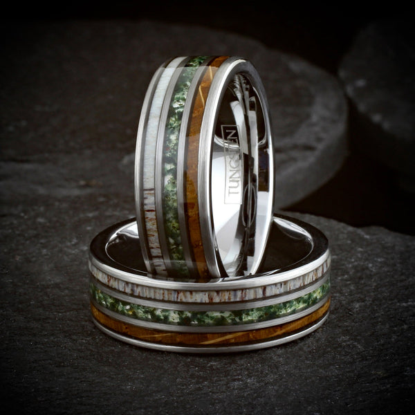 Elegant Unique Polished Silver Tungsten Flat Band Ring with Crushed Moss Agate Between Whiskey Barrel Oak Wood and Deer Antler Inlays.