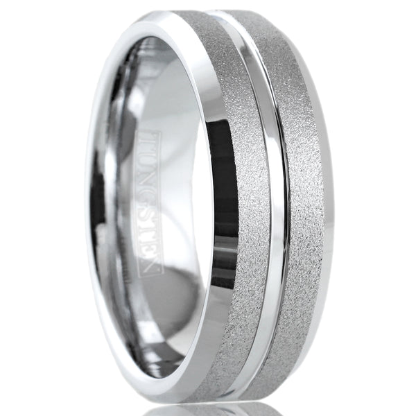 Dazzling Mirror Polished Silver Tungsten Ring with Sparkling Sand Blast Outer Band, Recessed Polished Groove, and Beveled Edges.