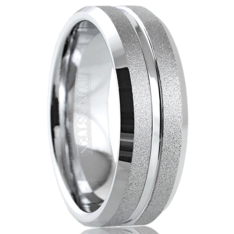 Dazzling Mirror Polished Silver Tungsten Ring with Sparkling Sand Blast Outer Band, Recessed Polished Groove, and Beveled Edges.