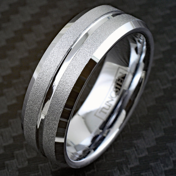 Dazzling Mirror Polished Silver Tungsten Ring with Sparkling Sand Blast Outer Band, Recessed Polished Groove, and Beveled Edges.
