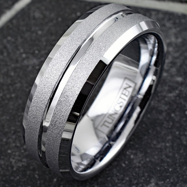 Dazzling Mirror Polished Silver Tungsten Ring with Sparkling Sand Blast Outer Band, Recessed Polished Groove, and Beveled Edges.