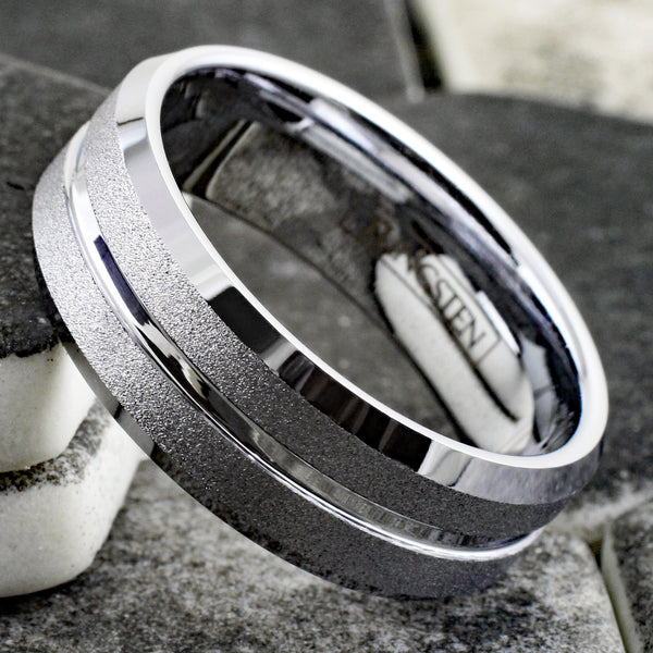 Dazzling Mirror Polished Silver Tungsten Ring with Sparkling Sand Blast Outer Band, Recessed Polished Groove, and Beveled Edges.