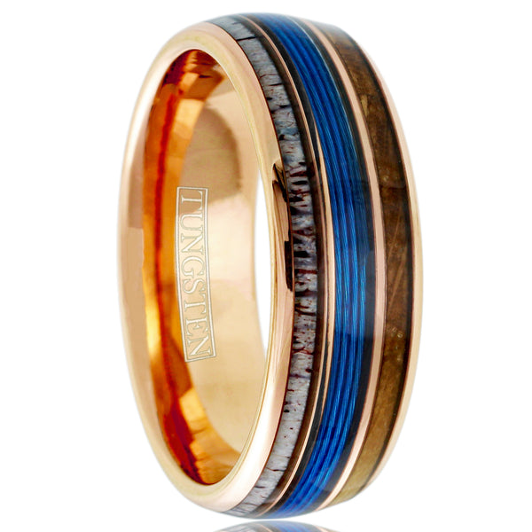 https://www.kingscrossjewelry.com/cdn/shop/files/Rose-gold-tungsten-carbide-low-dome-band-ring-with-blue-fishing-line-between-whiskey-oak-barrel-wood-and-deer-antler-inlays-tungsten-rings-a-white-photo_grande.jpg?v=1706673364