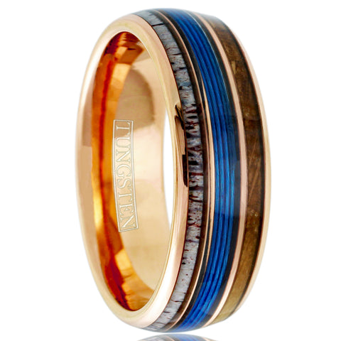 Gorgeous Polished Rose Gold Tungsten Low Dome Ring with BLUE Real Fishing Line Between Whiskey Barrel Oak Wood and Deer Antler Inlays.