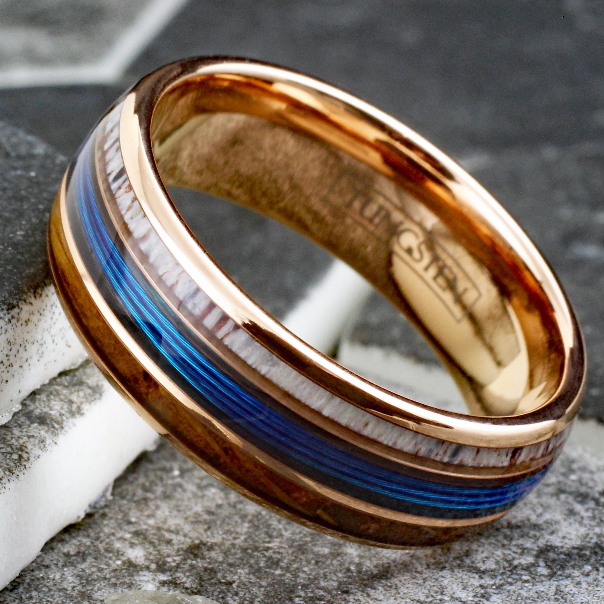 Gorgeous Polished Rose Gold Tungsten Low Dome Ring with BLUE Real Fishing  Line Between Whiskey Barrel Oak Wood and Deer Antler Inlays.