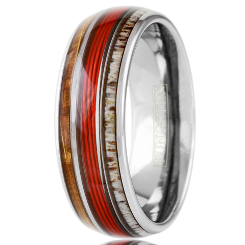 Spectacular Mirror Polished Silver Tungsten Low Dome Ring with RED Real Fishing Line Between Whiskey Barrel Oak Wood and Deer Antler Inlays.