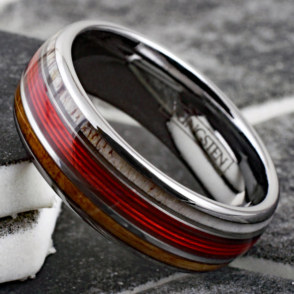 Spectacular Mirror Polished Silver Tungsten Low Dome Ring with RED Real Fishing Line Between Whiskey Barrel Oak Wood and Deer Antler Inlays.
