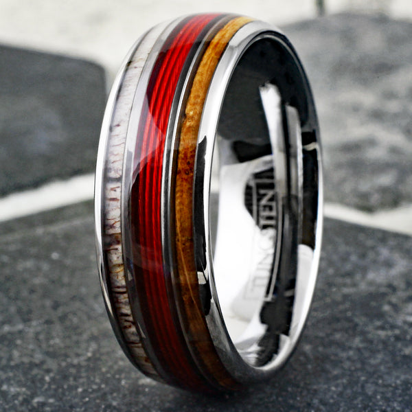 Spectacular Mirror Polished Silver Tungsten Low Dome Ring with RED Real Fishing Line Between Whiskey Barrel Oak Wood and Deer Antler Inlays.