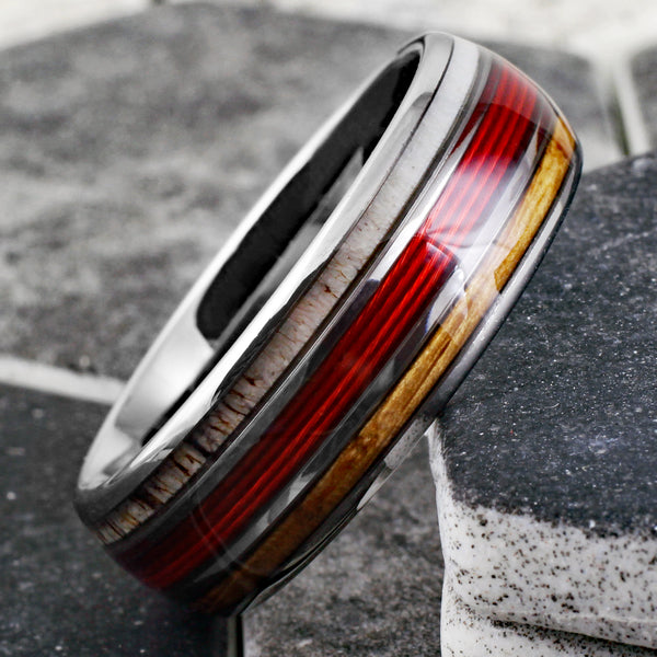 Spectacular Mirror Polished Silver Tungsten Low Dome Ring with RED Real Fishing Line Between Whiskey Barrel Oak Wood and Deer Antler Inlays.