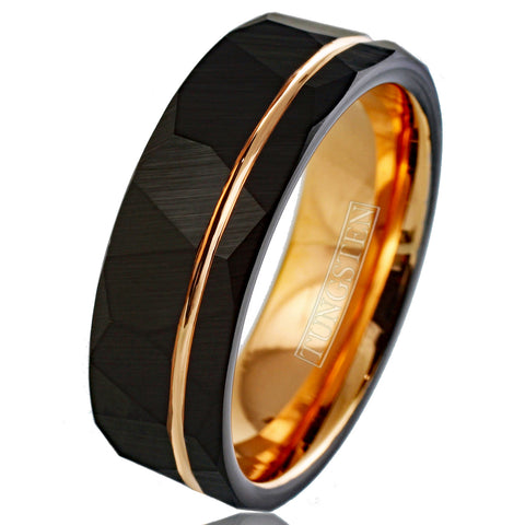 Stunning Two-Tone Black Faceted Low Dome Tungsten Band Ring w/ Rose Gold Inner Band & Off-Center Recessed Rose Gold Stripe.