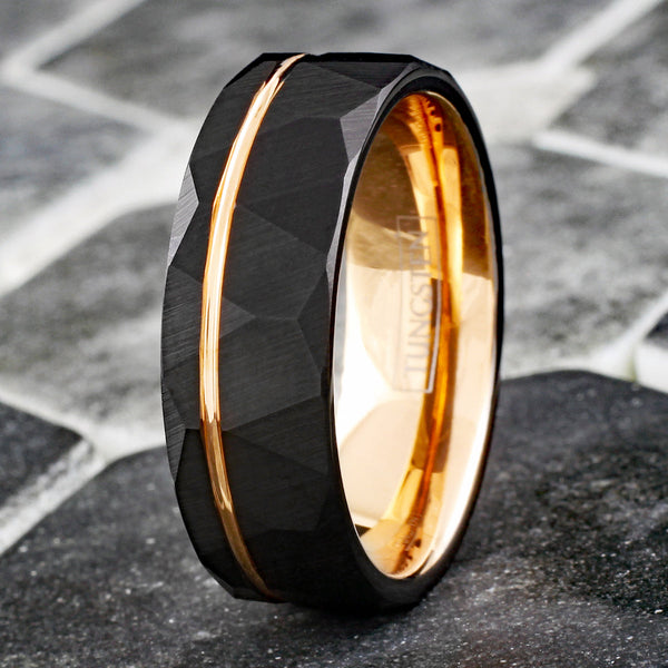Stunning Two-Tone Black Faceted Low Dome Tungsten Band Ring w/ Rose Gold Inner Band & Off-Center Recessed Rose Gold Stripe.