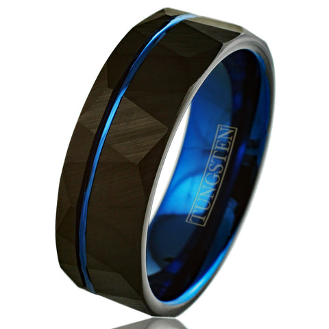Awesome Two-Tone Black Faceted Low Dome Tungsten Band Ring w/ Cobalt Blue Inner Band & Recessed Thin Blue Line Stripe.