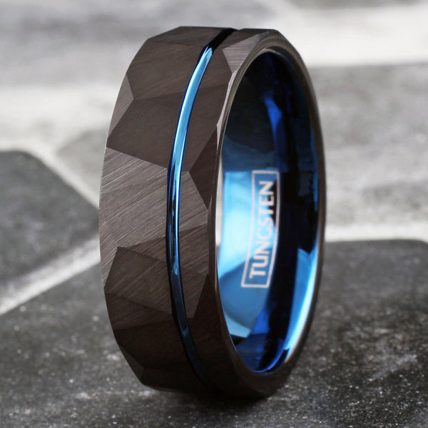Awesome Two-Tone Black Faceted Low Dome Tungsten Band Ring w/ Cobalt Blue Inner Band & Recessed Thin Blue Line Stripe.