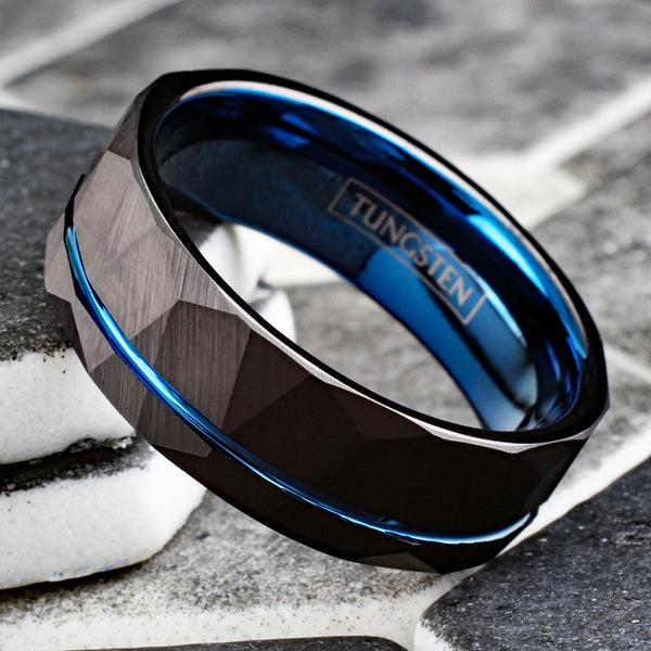 Awesome Two-Tone Black Faceted Low Dome Tungsten Band Ring w/ Cobalt Blue Inner Band & Recessed Thin Blue Line Stripe.