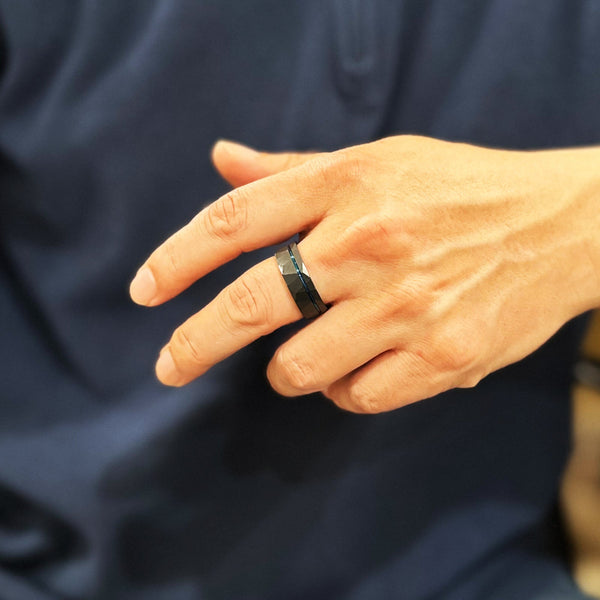 Awesome Two-Tone Black Faceted Low Dome Tungsten Band Ring w/ Cobalt Blue Inner Band & Recessed Thin Blue Line Stripe.