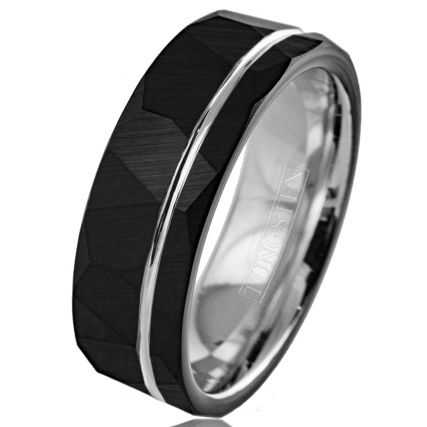 Awesome Two-Tone Black Faceted Low Dome Tungsten Band Ring w/ Silver Inner Band & Off-Center Recessed Silver Stripe.