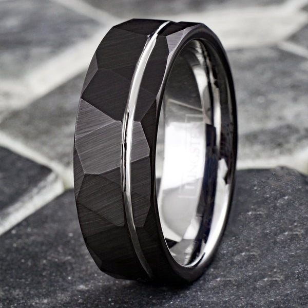 Awesome Two-Tone Black Faceted Low Dome Tungsten Band Ring w/ Silver Inner Band & Off-Center Recessed Silver Stripe.