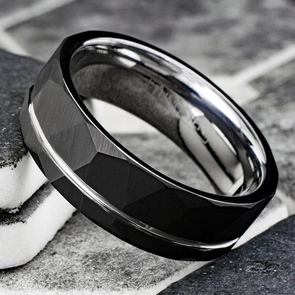 Awesome Two-Tone Black Faceted Low Dome Tungsten Band Ring w/ Silver Inner Band & Off-Center Recessed Silver Stripe.