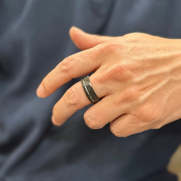 Awesome Two-Tone Black Faceted Low Dome Tungsten Band Ring w/ Silver Inner Band & Off-Center Recessed Silver Stripe.