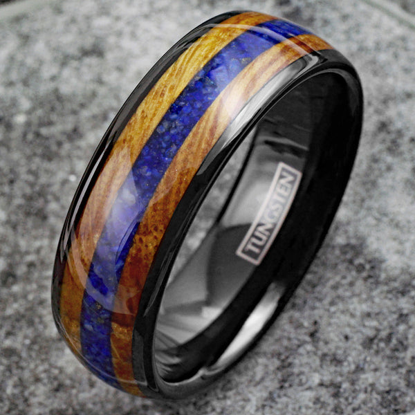 Unique Polished Black Low Dome Tungsten Ring with Blue Lapis Lazuli Between Whiskey Barrel Oak Wood Inlays.